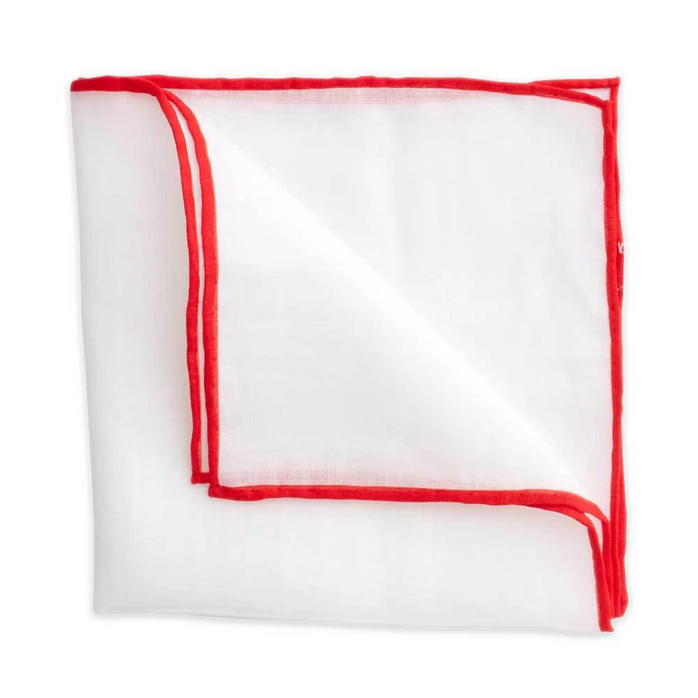 White Linen Pocket Square with Red Trim by Beau Ties of Vermont