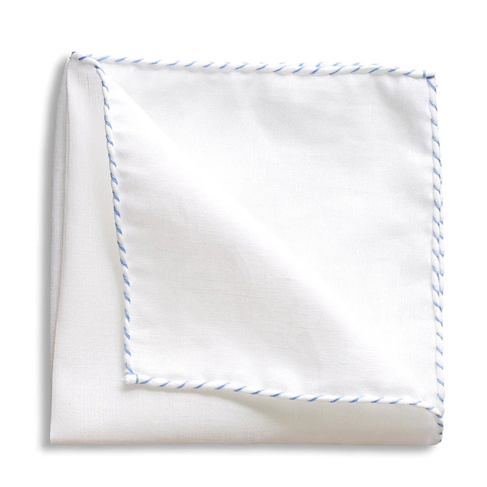 White Linen Light Blue Whipstitch Pocket Square by Beau Ties of Vermont