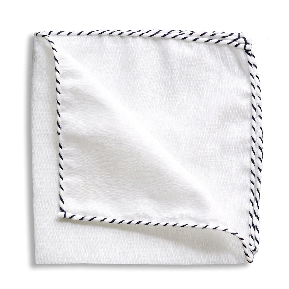 White Linen Navy Whipstich Pocket Square by Beau Ties of Vermont