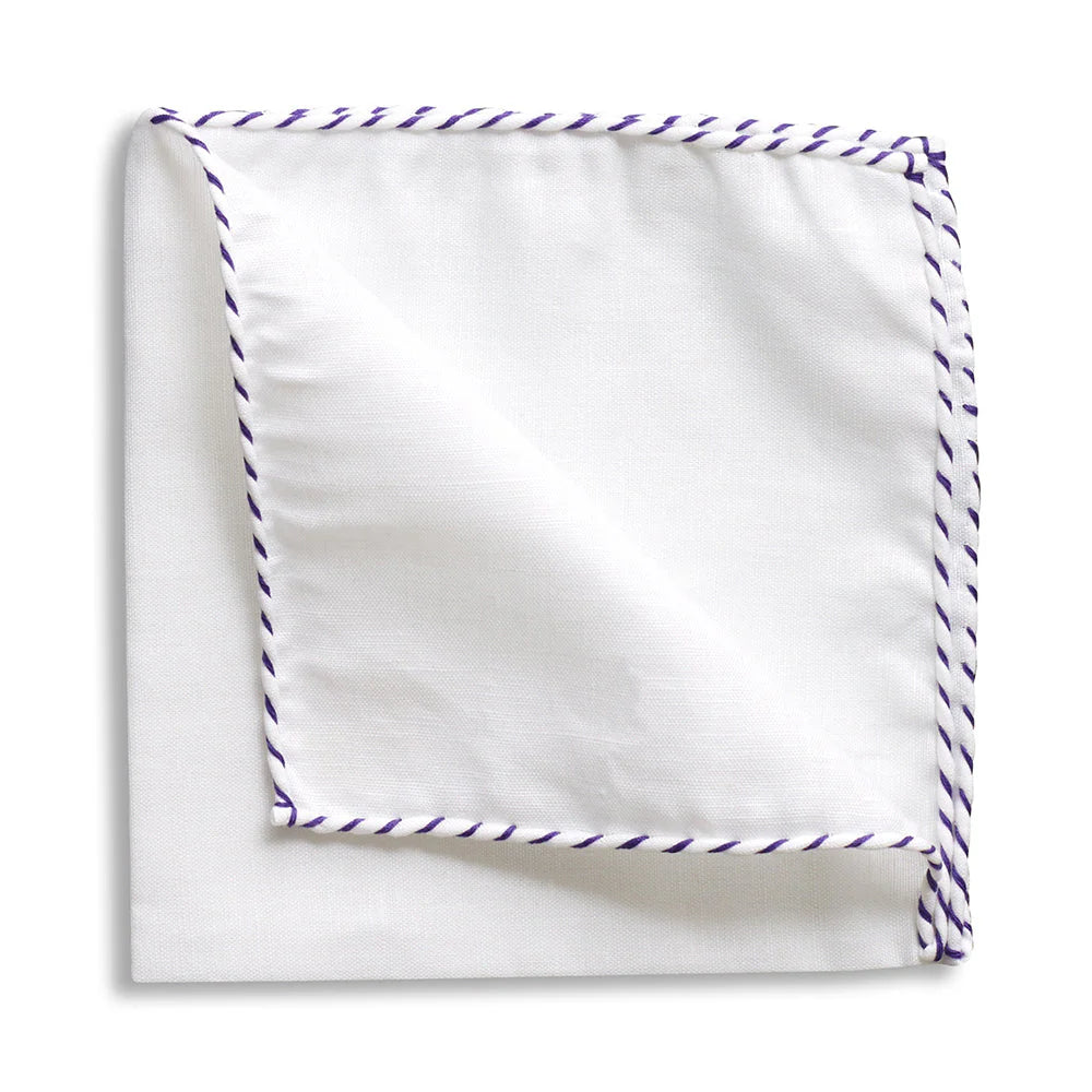 White Linen Purple Whipstitch Pocket Square by Beau Ties of Vermont