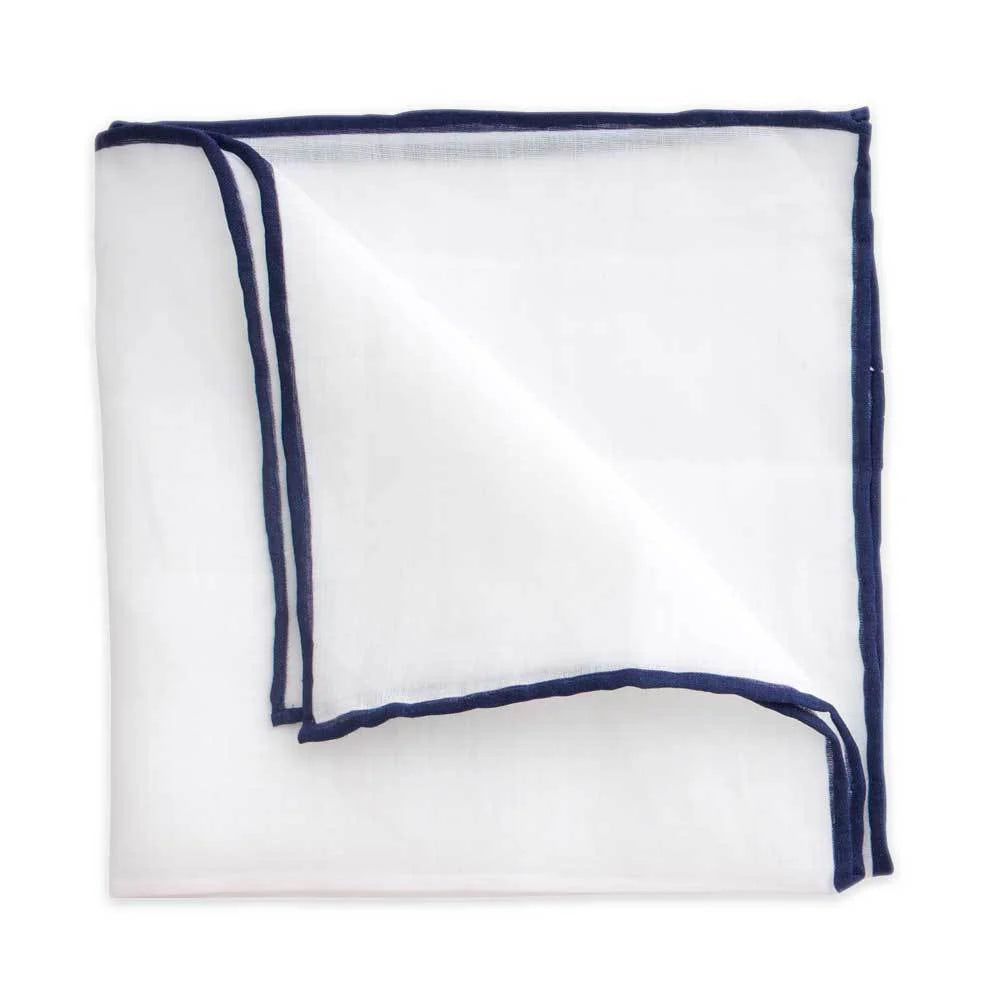 White Linen Pocket Square with Navy Trim by Beau Ties of Vermont