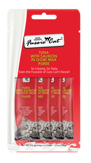 4pk Fussie Premium Cat Tuna and Salmon in Goat Milk Puree Cat Treat .5oz by Pet Food Warehouse