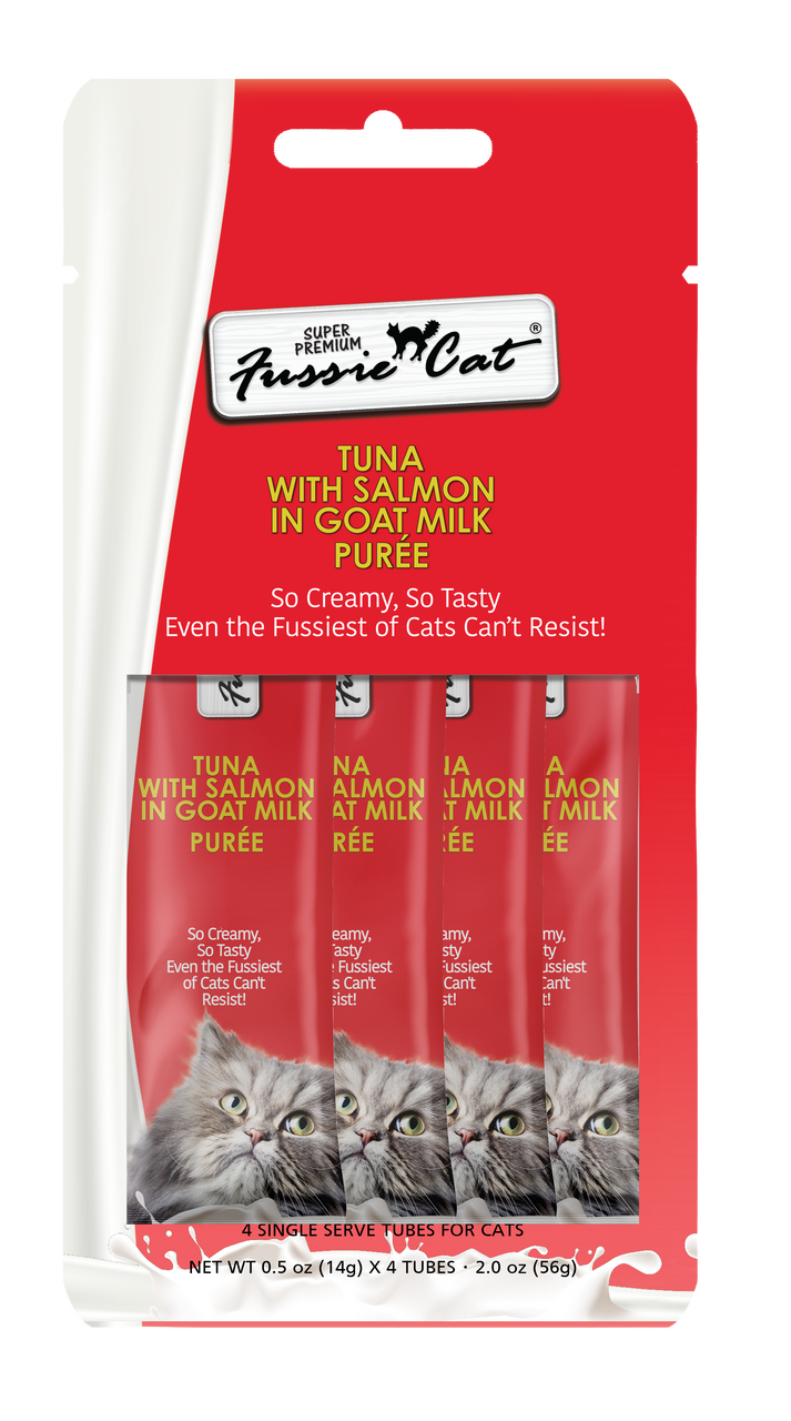 4pk Fussie Premium Cat Tuna and Salmon in Goat Milk Puree Cat Treat .5oz by Pet Food Warehouse