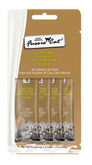 4pk Fussie Super Premium Cat Chicken Beef In Goat Milk Puree Cat Treat .5oz by Pet Food Warehouse