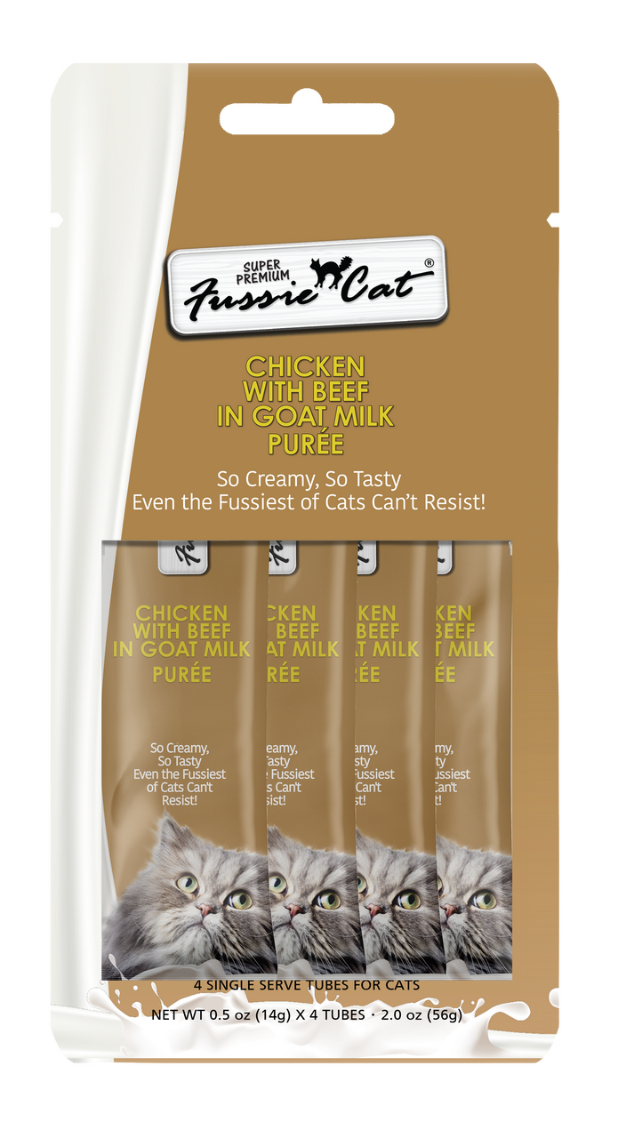 4pk Fussie Super Premium Cat Chicken Beef In Goat Milk Puree Cat Treat .5oz by Pet Food Warehouse