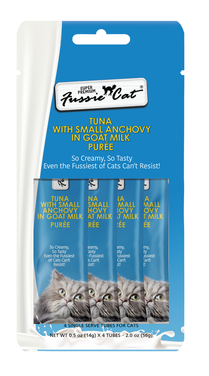 4pk Fussie Premium Cat Tuna Small Anchovies in Goat Milk Puree Cat Treat .5oz by Pet Food Warehouse