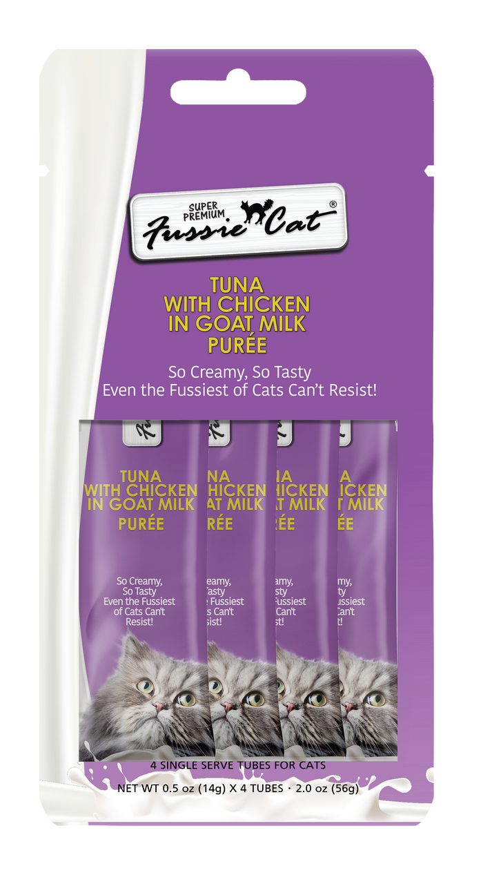 4pk Fussie Premium Cat Tuna and Chicken in Goats Milk Puree Cat Treat .5oz by Pet Food Warehouse