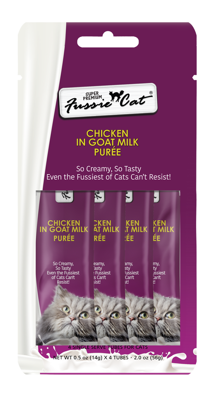 4pk Fussie Super Premium Chicken in Goats Milk Puree Cat Treat .5oz by Pet Food Warehouse