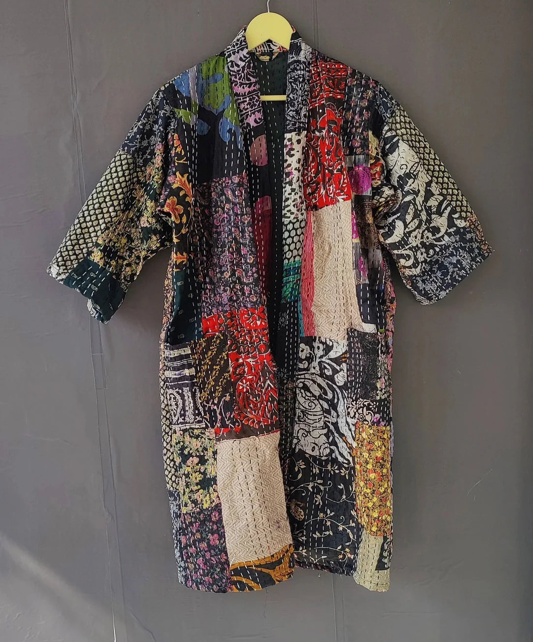 Long Silk Patchwork Kantha Quilt Kimono Jacket by Harbour Thread