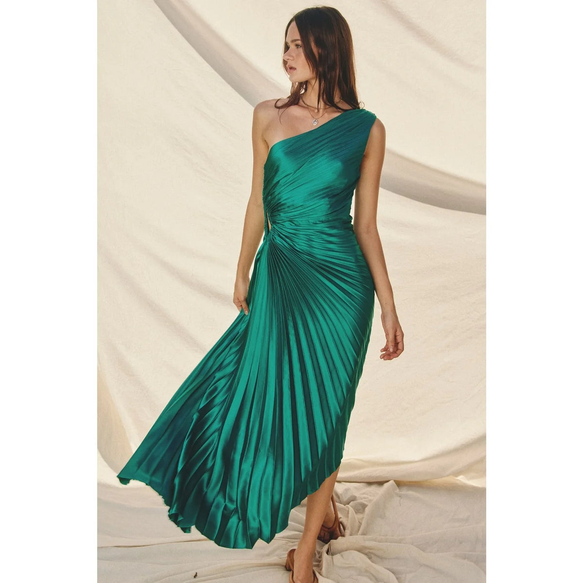 Dress Forum Satin One Shoulder Asymmetrical Pleated Dress