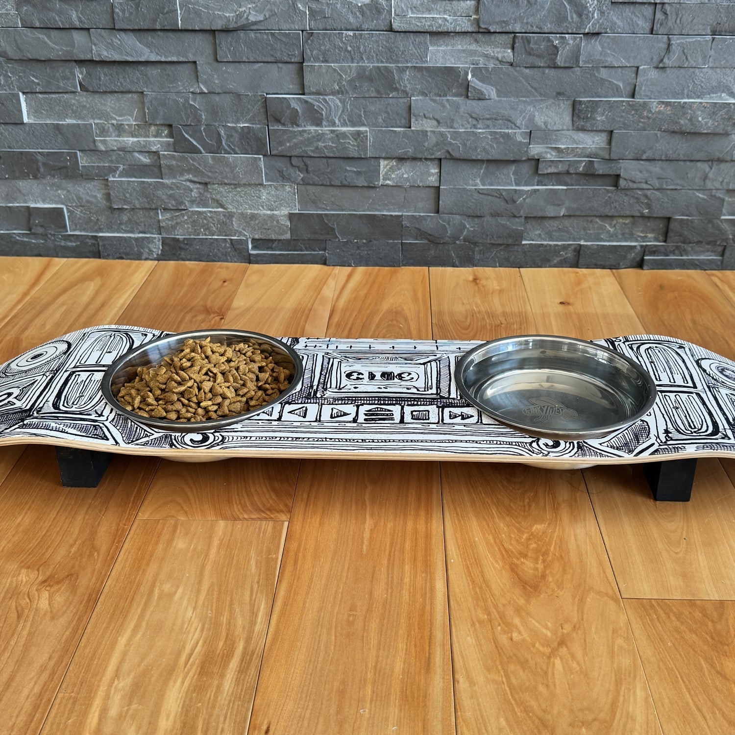 BoomBox - Elevated Skateboard Cat Feeding Stand with 2 Bowls