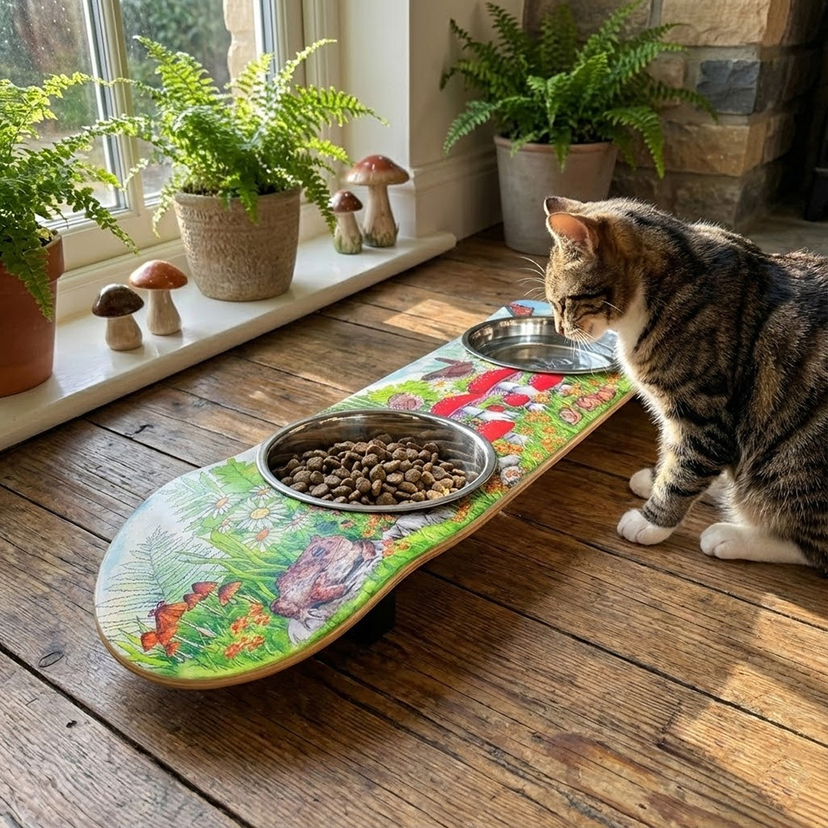 Funky Fungi - Elevated Skateboard Cat Feeding Stand with 2 Bowls