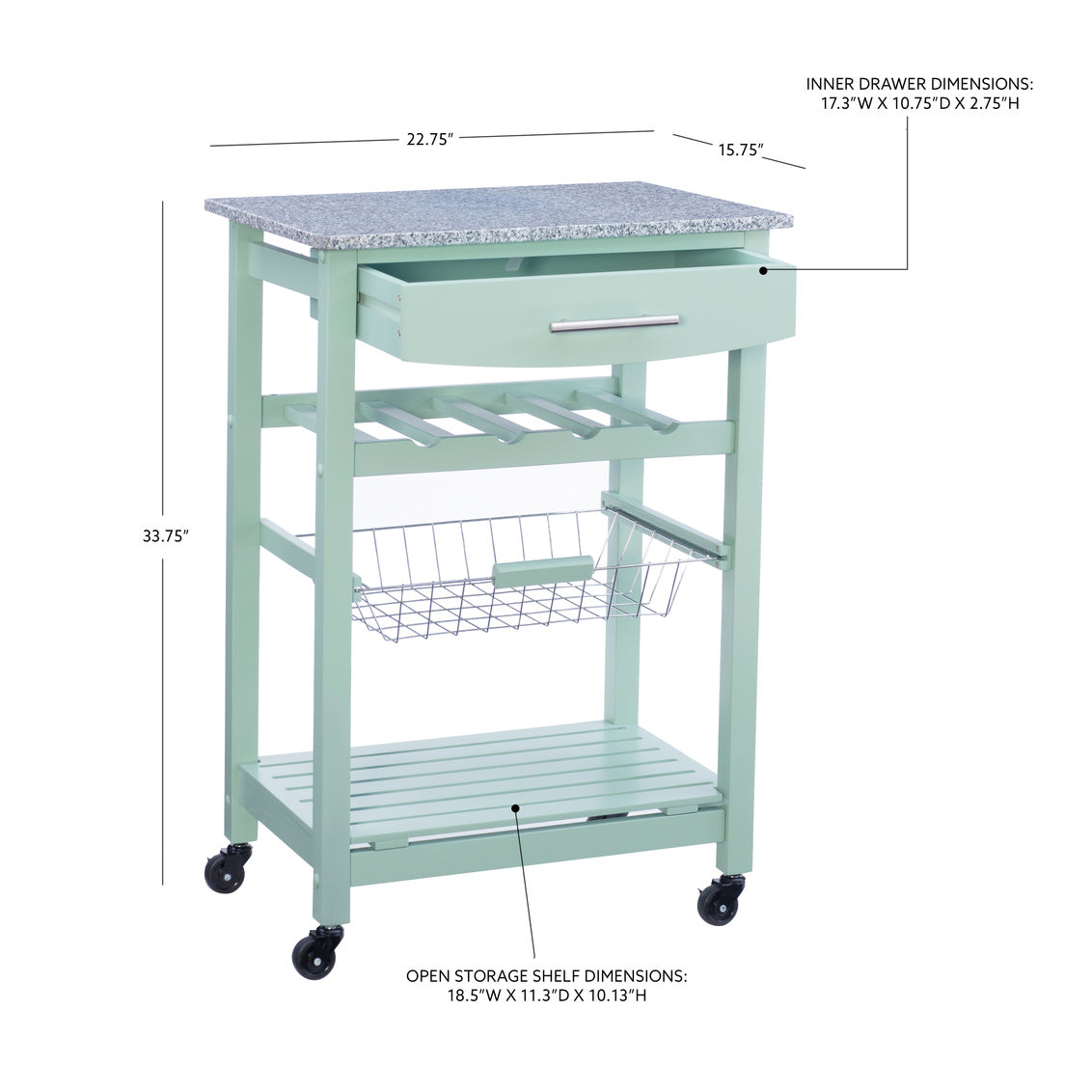 Zoey Kitchen Cart Granite Top Green Base by Homeportonline