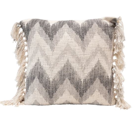 Pillow Stonewashed Cotton Slub Chevron Zig Zag Print With Fringe 20" Square by Homeportonline