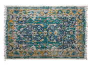 Rug Dhurrie Woven Distressed Printed Cotton With Fringe Blue, Green & Gold 5' x 8' by Homeportonline