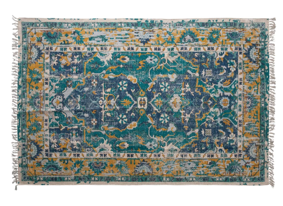 Rug Dhurrie Woven Distressed Printed Cotton With Fringe Blue, Green & Gold 5' x 8' by Homeportonline