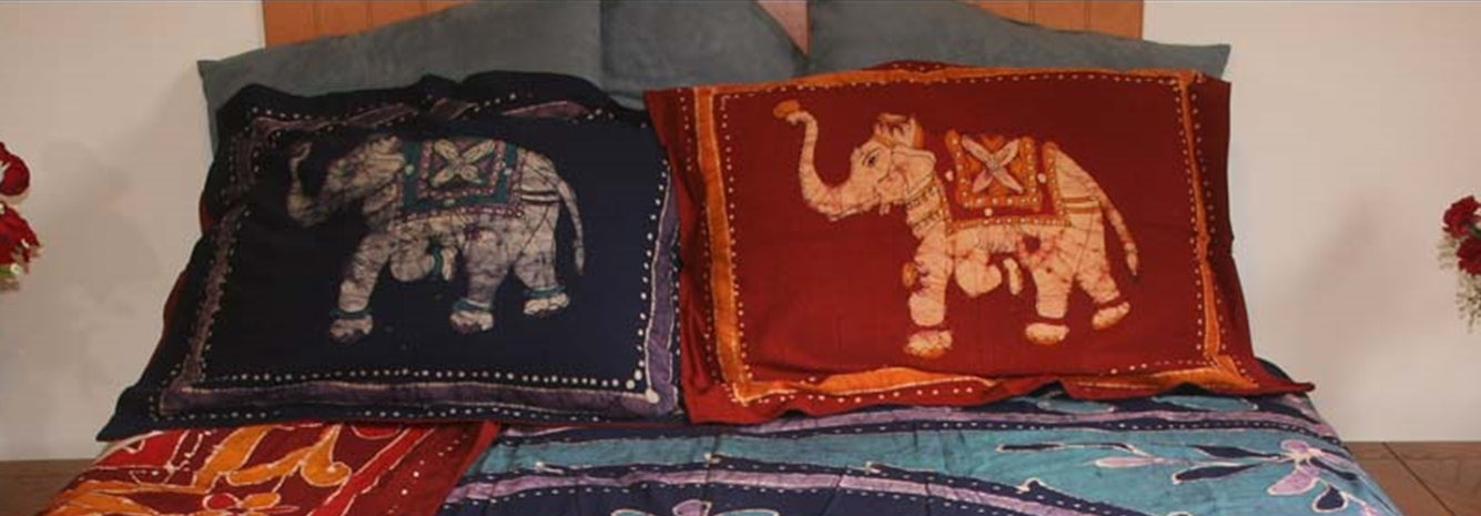 Pillow Sham White Elephant Batik Reverses Blue To Rust by Homeportonline
