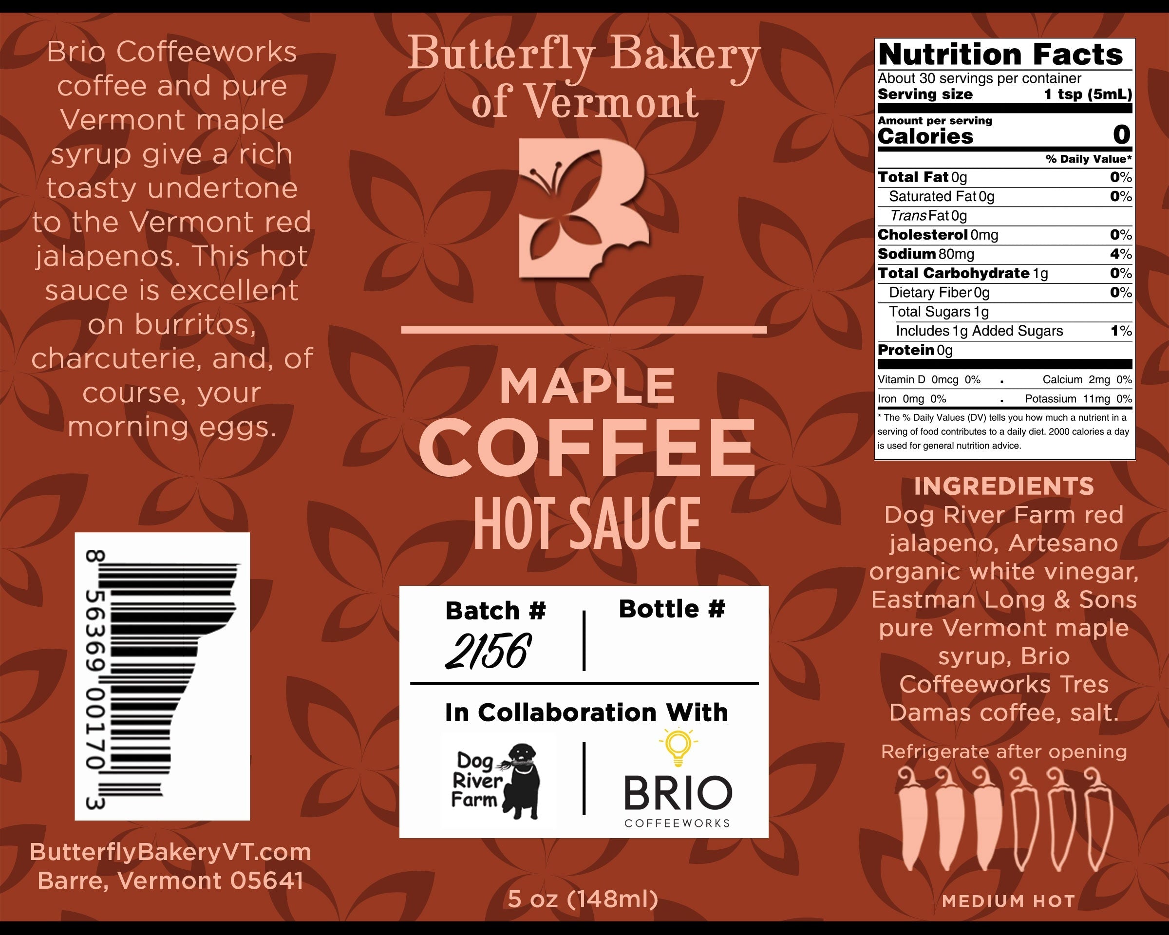 Maple Coffee Hot Sauce by Butterfly Bakery of Vermont