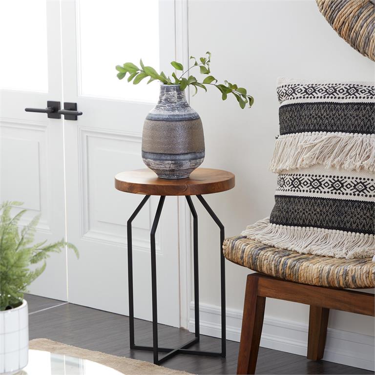 Table Teak Wood Brown Top, Black Base 16"d x24"h by Homeportonline