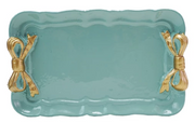 Decorative Metal Tray Aqua With Gold Bows 7.5"l x 4.5"w by Homeportonline