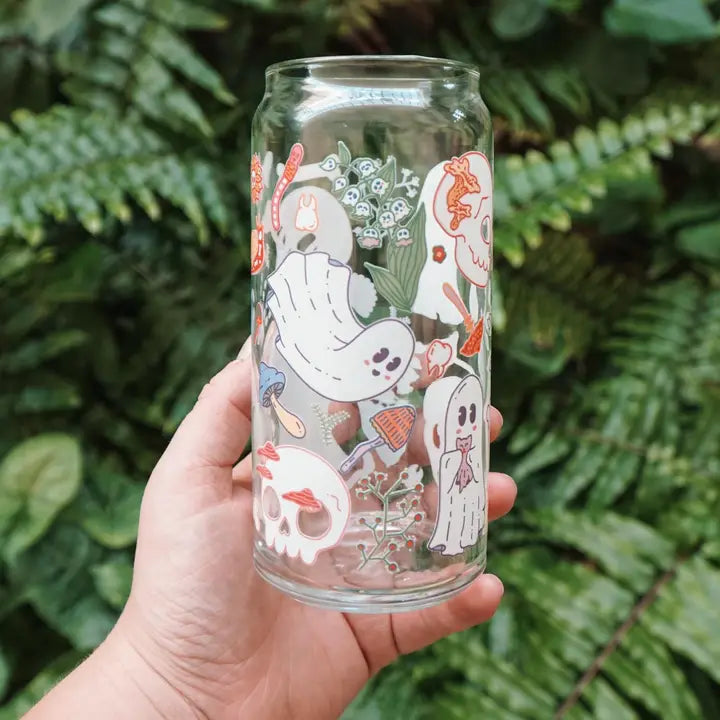 Spooky Garden 20 oz. Can Glass| Ghosts, skulls & mushrooms