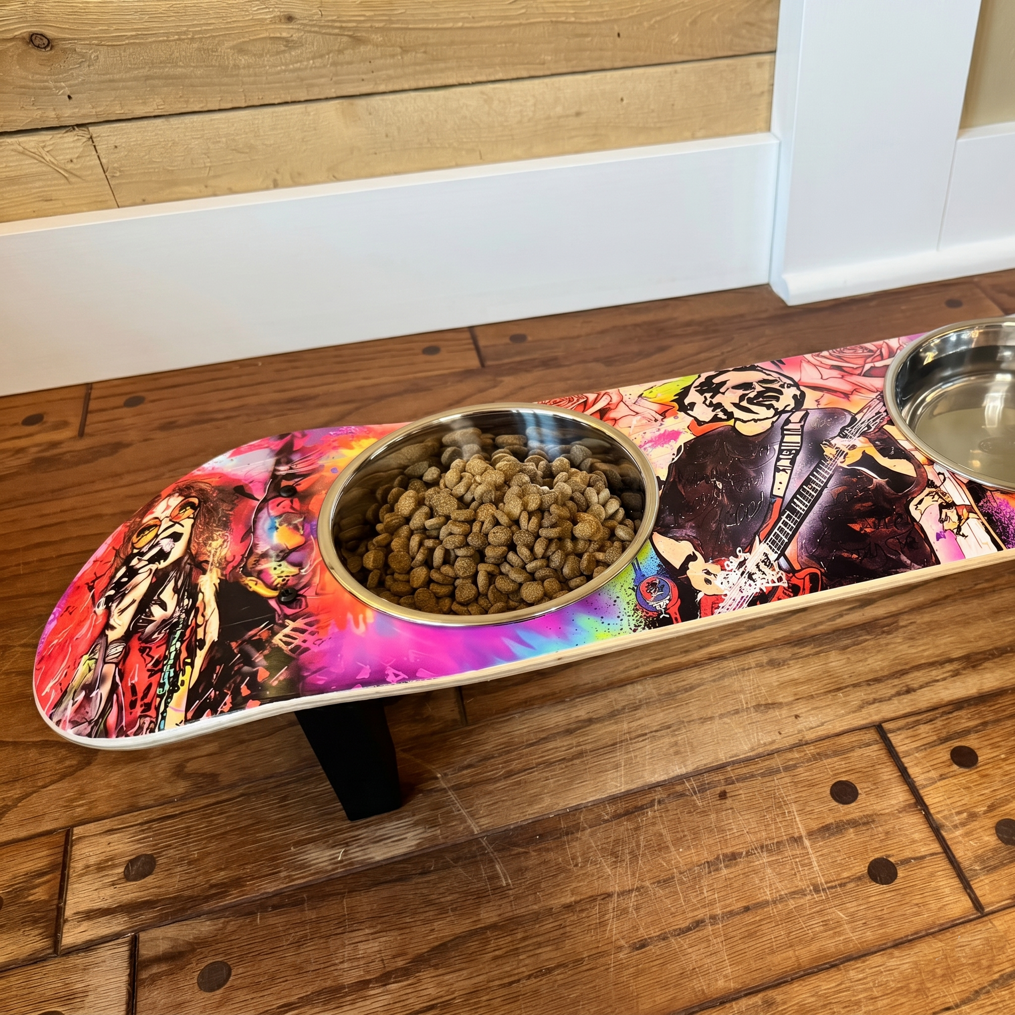 Musical Vibes - Elevated Skateboard Dog Feeding Stand with 2 Bowls