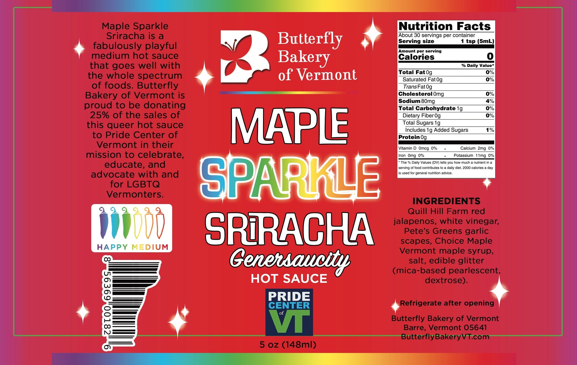 Maple Sparkle Sriracha Pride Hot Sauce by Butterfly Bakery of Vermont