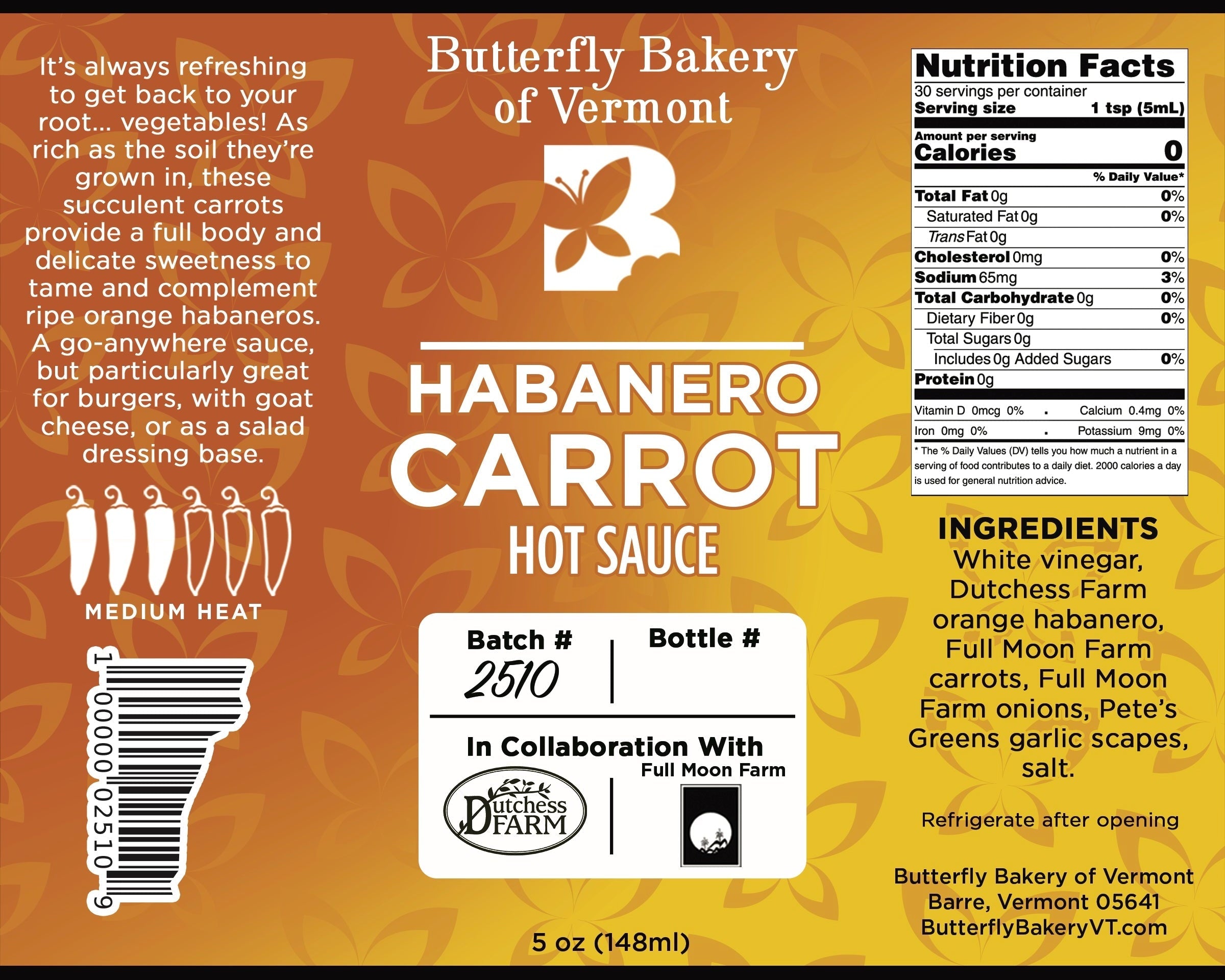 Habanero Carrot Hot Sauce by Butterfly Bakery of Vermont