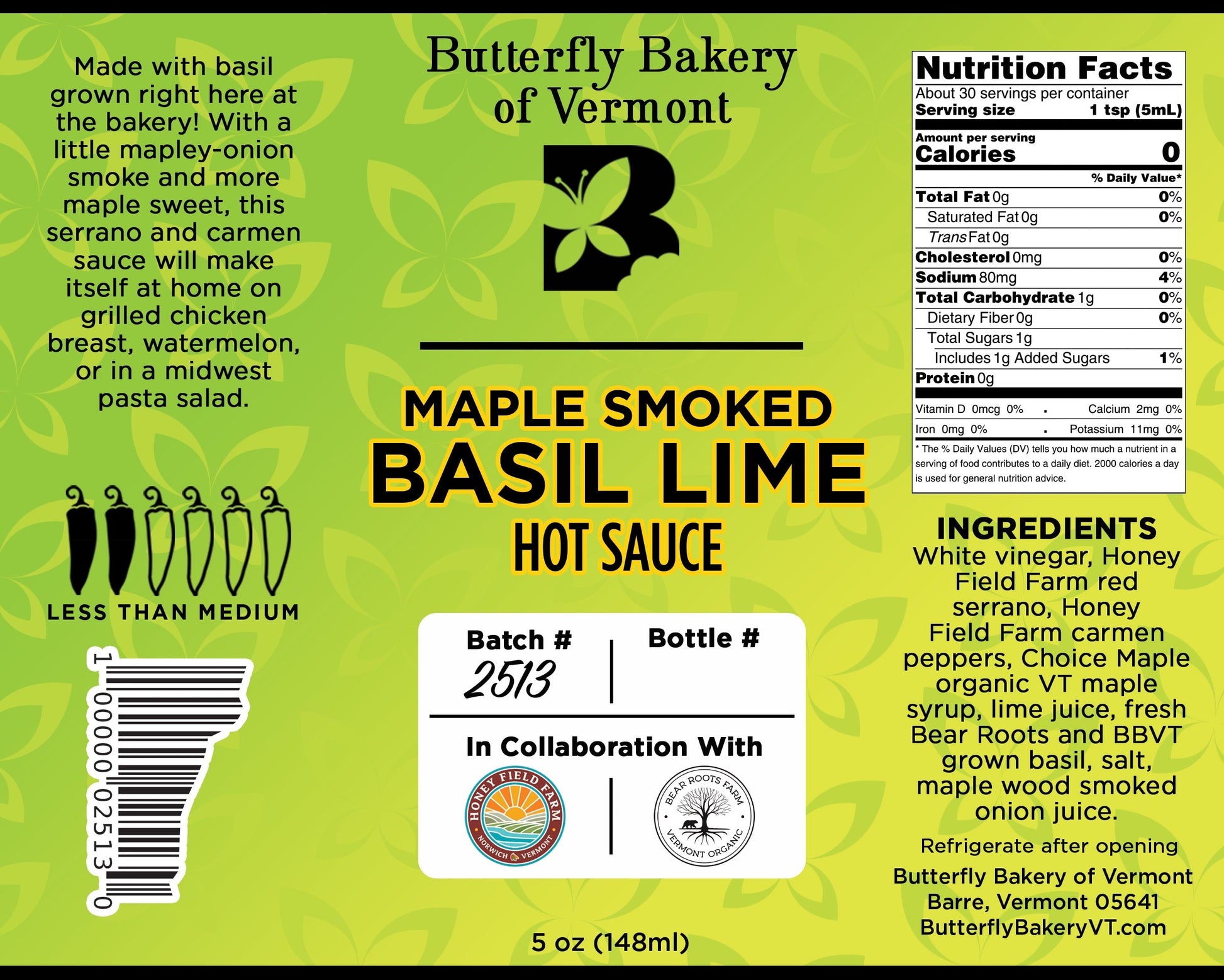Maple Smoked Lime Basil Hot Sauce by Butterfly Bakery of Vermont