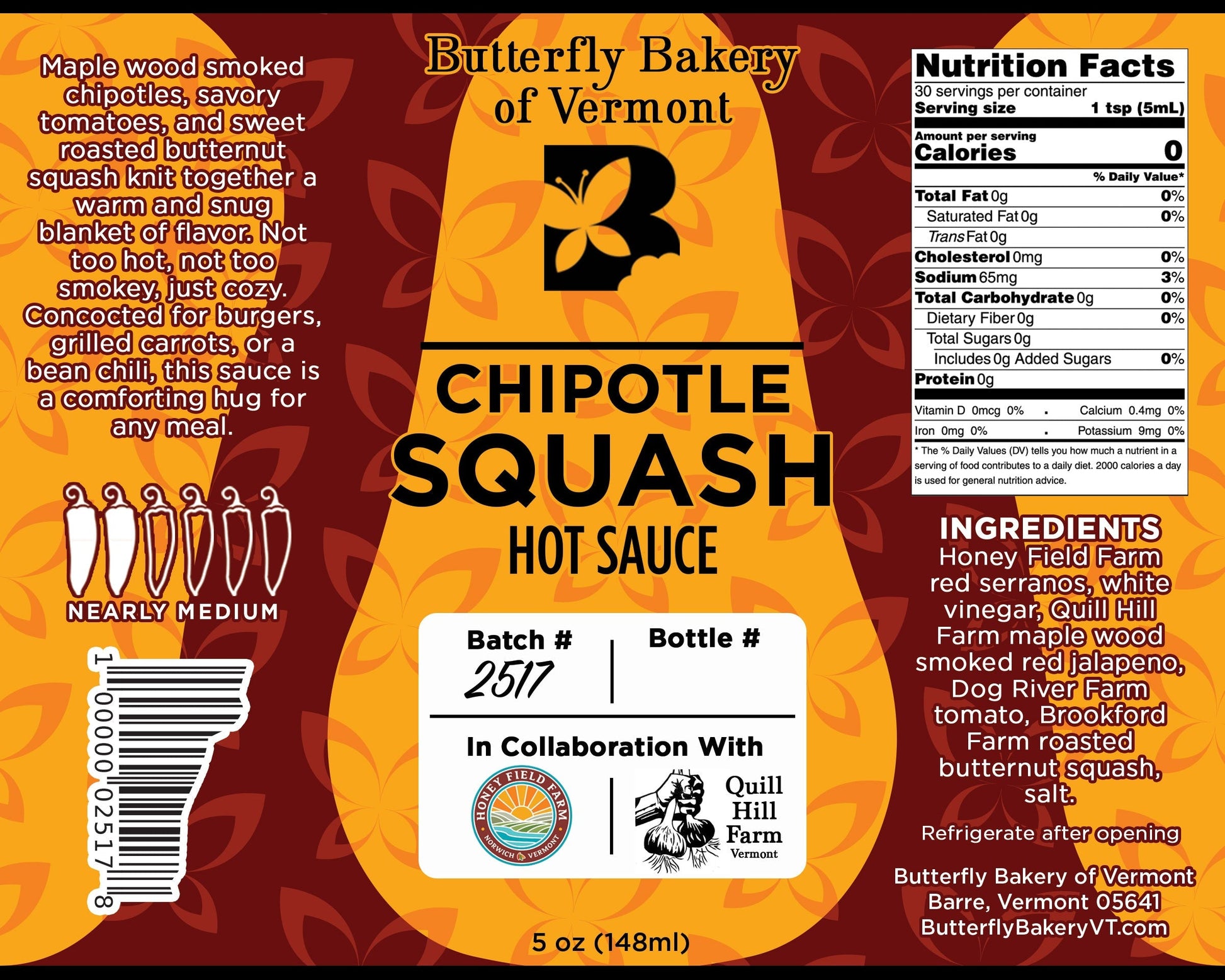 Chipotle Squash Serrano Hot Sauce by Butterfly Bakery of Vermont