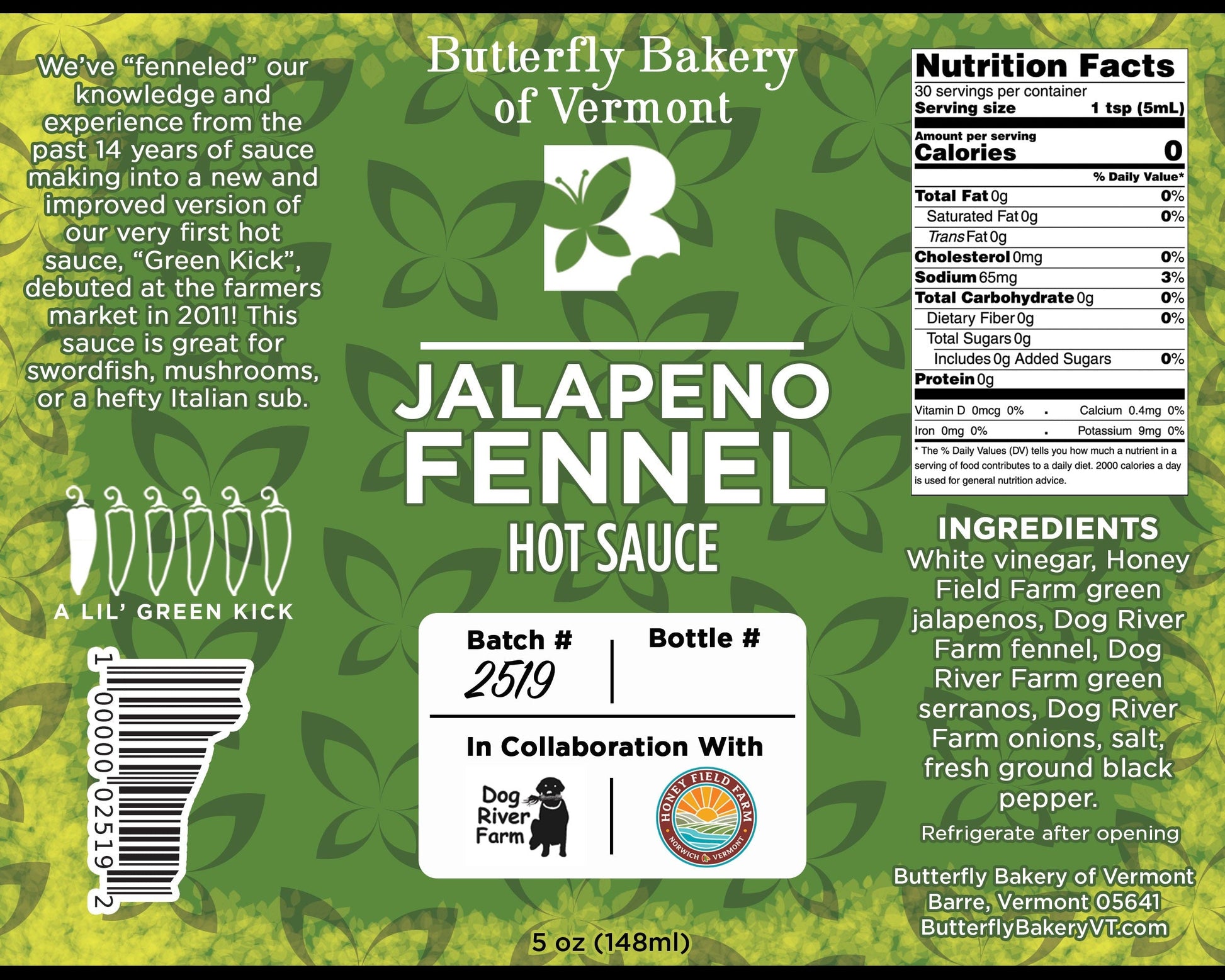 Fennel Jalapeno Hot Sauce by Butterfly Bakery of Vermont