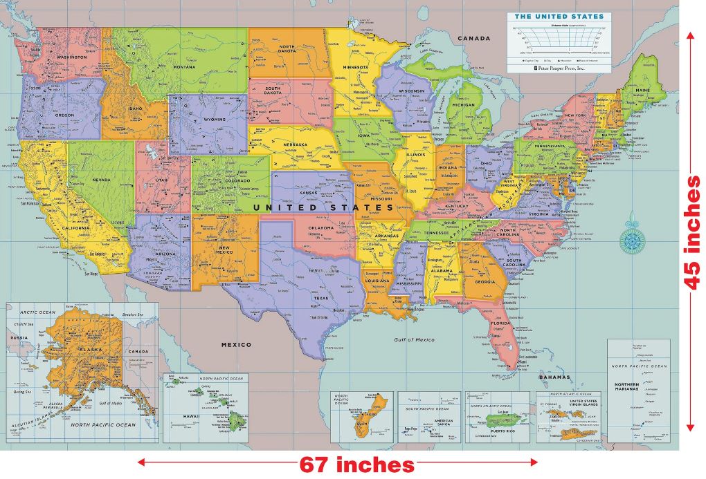 Wall Map Laminated USA 67"Wx45"H by Homeportonline