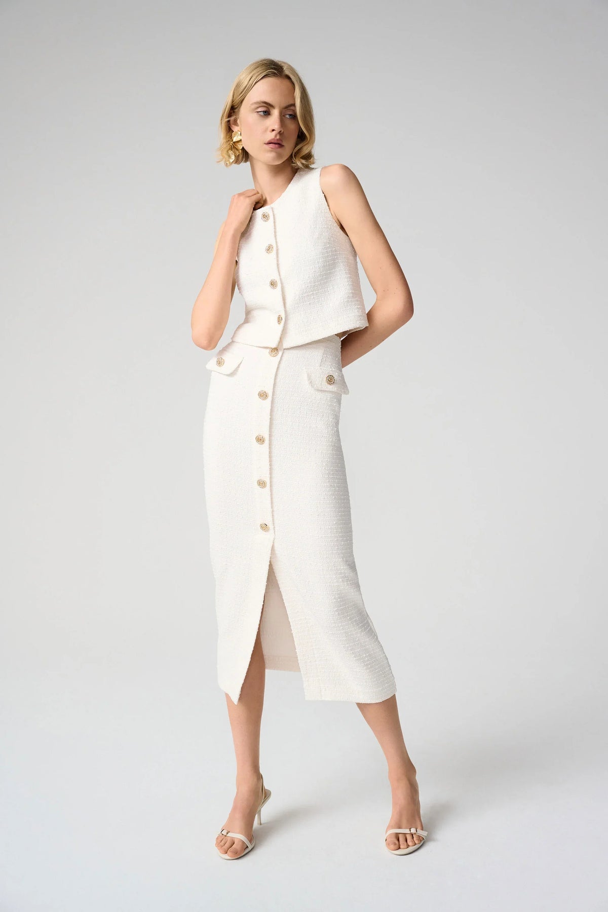 Joseph Ribkoff Bouclé Pencil Skirt With Gold Buttons
