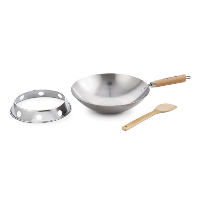 Wok - 12" Carbon Steel Round Bottom w/Bamboo Handle, 4 Piece Set (Stand, Wok, Spatula, & Cookbook) by Homeportonline