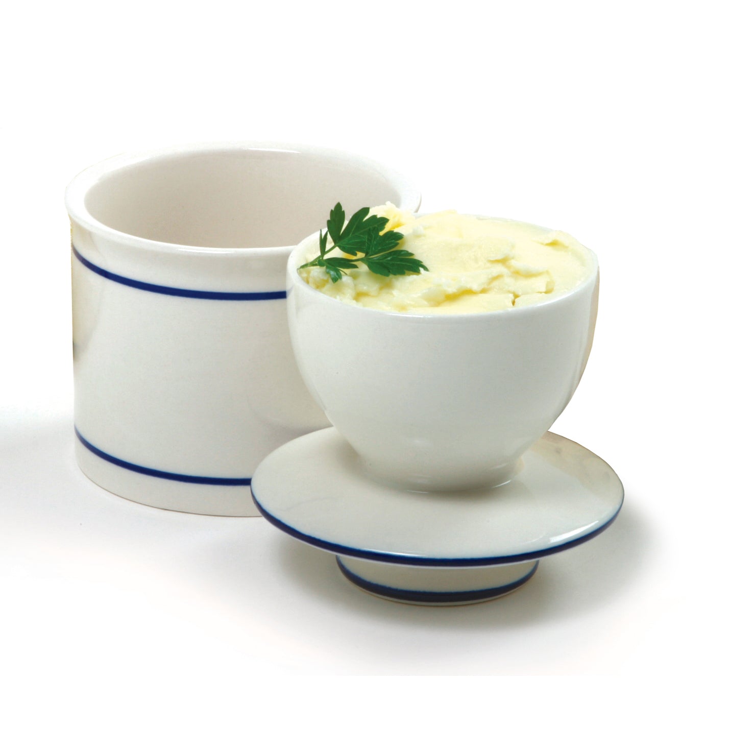 Butter Bell Keeper Crock Stoneware White (Accent Blue) by Homeportonline