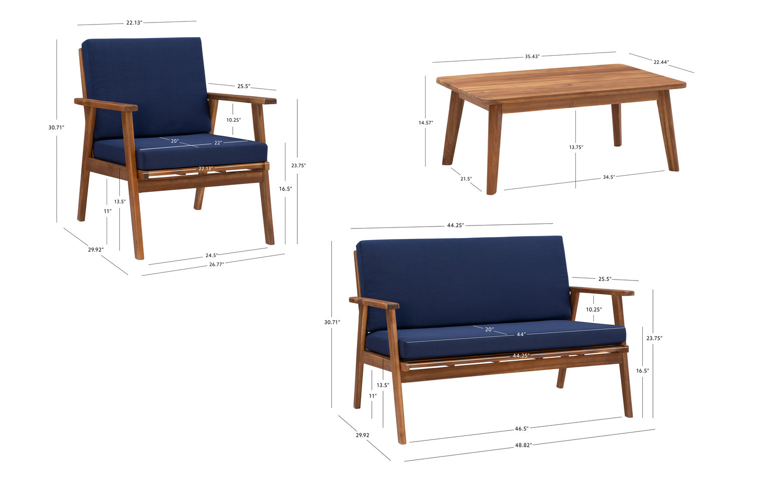 Cosgrove Acacia Wood Outdoor Loveseat Blue Cushion by Homeportonline