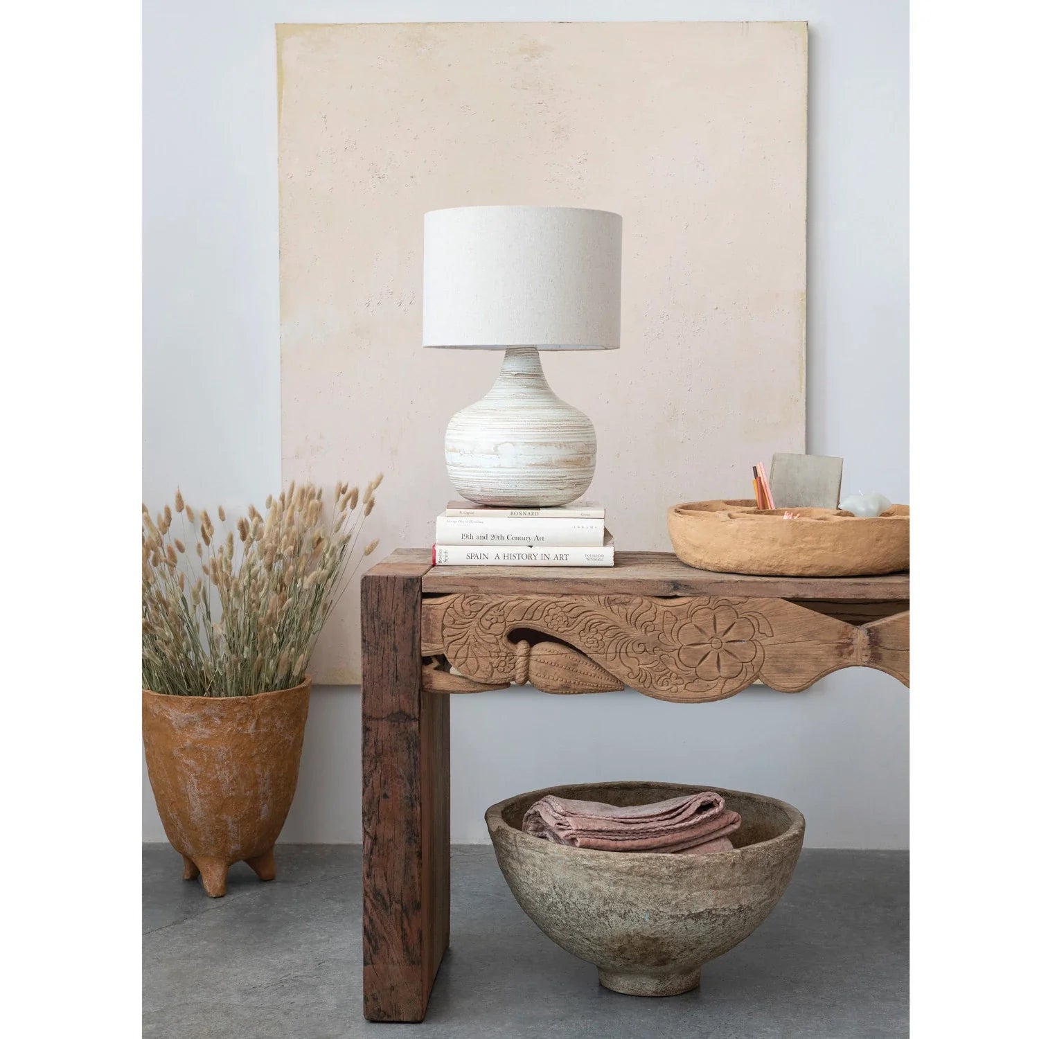 Lamp Tabletop Bamboo Whitewashed With Linen Shade 14" Round x 21-1/4"H by Homeportonline