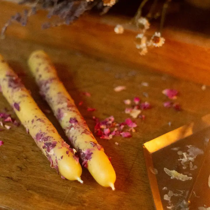 Hand Dipped Beeswax Taper Candle with Rose Petals