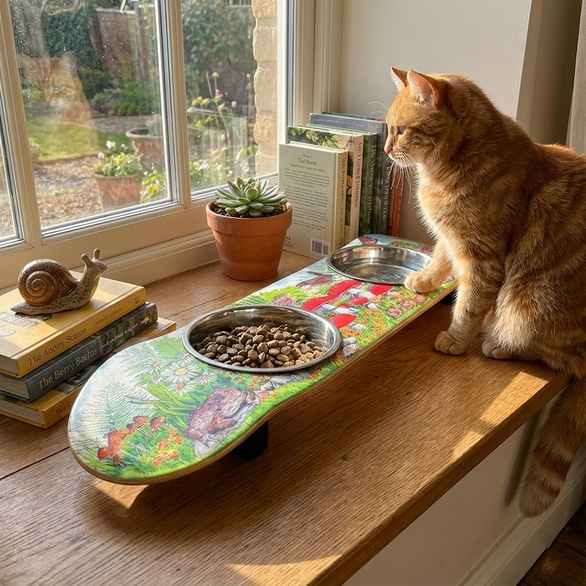 Funky Fungi - Elevated Skateboard Cat Feeding Stand with 2 Bowls