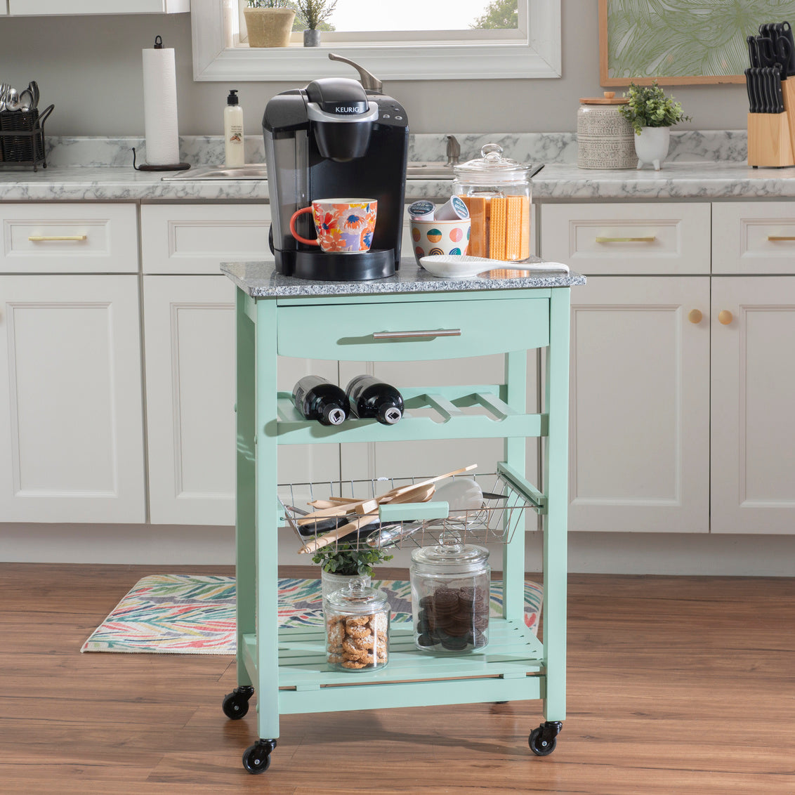 Zoey Kitchen Cart Granite Top Green Base by Homeportonline