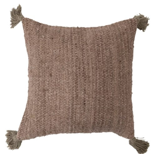 Pillow Cotton Woven Striped Taupe Chambray Back Green Corner Tassels by Homeportonline