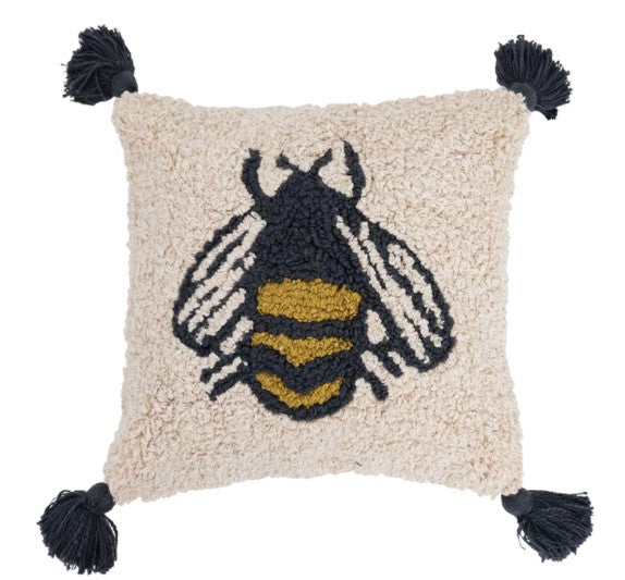 Pillow Bee Hooked Cotton Cream, Yellow, Black Corner Tassels 16" Square by Homeportonline