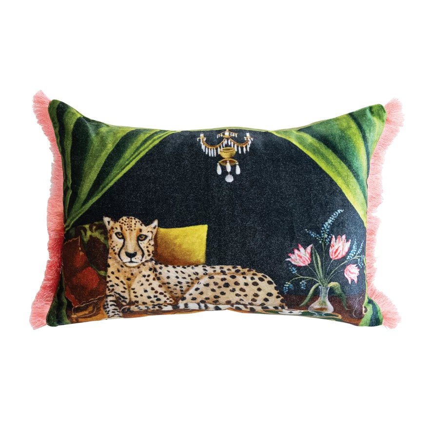 Pillow Lumbar Printed Velvet Cheetah Scene w/ Pink Fringe 20"L x 14"H by Homeportonline