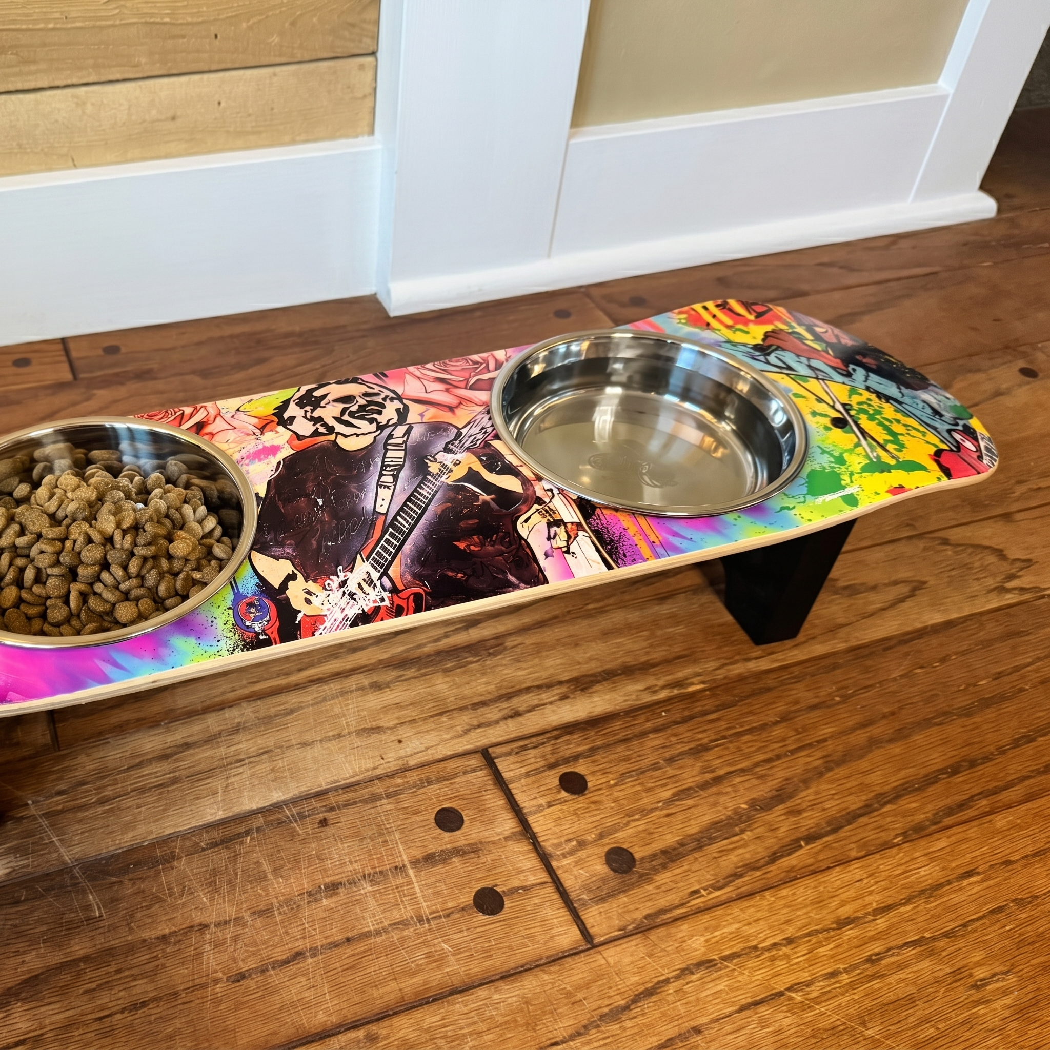 Musical Vibes - Elevated Skateboard Dog Feeding Stand with 2 Bowls