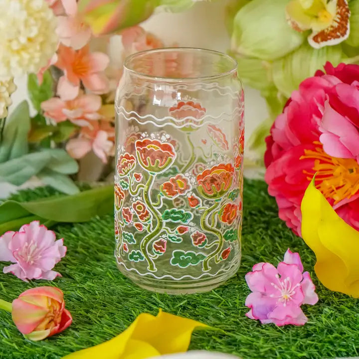 Pretty Poppy 16 oz. Can Glass| Stained Glass Flower Design