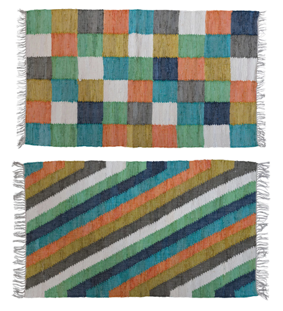 Rug Dhurrie Cotton Hand Woven With Fringe Multi Colored 2 Styles 3' x 5' (Sold Individually) by Homeportonline