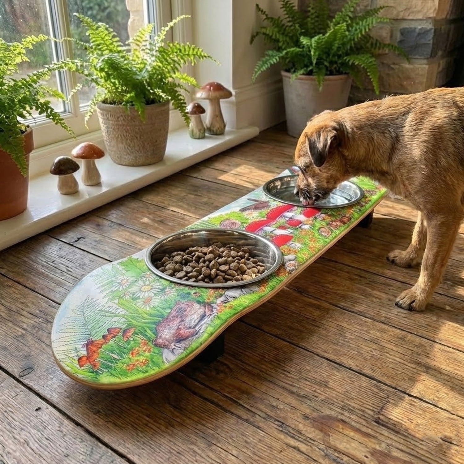 Funky Fungi - Elevated Skateboard Dog Feeding Stand with 2 Bowls