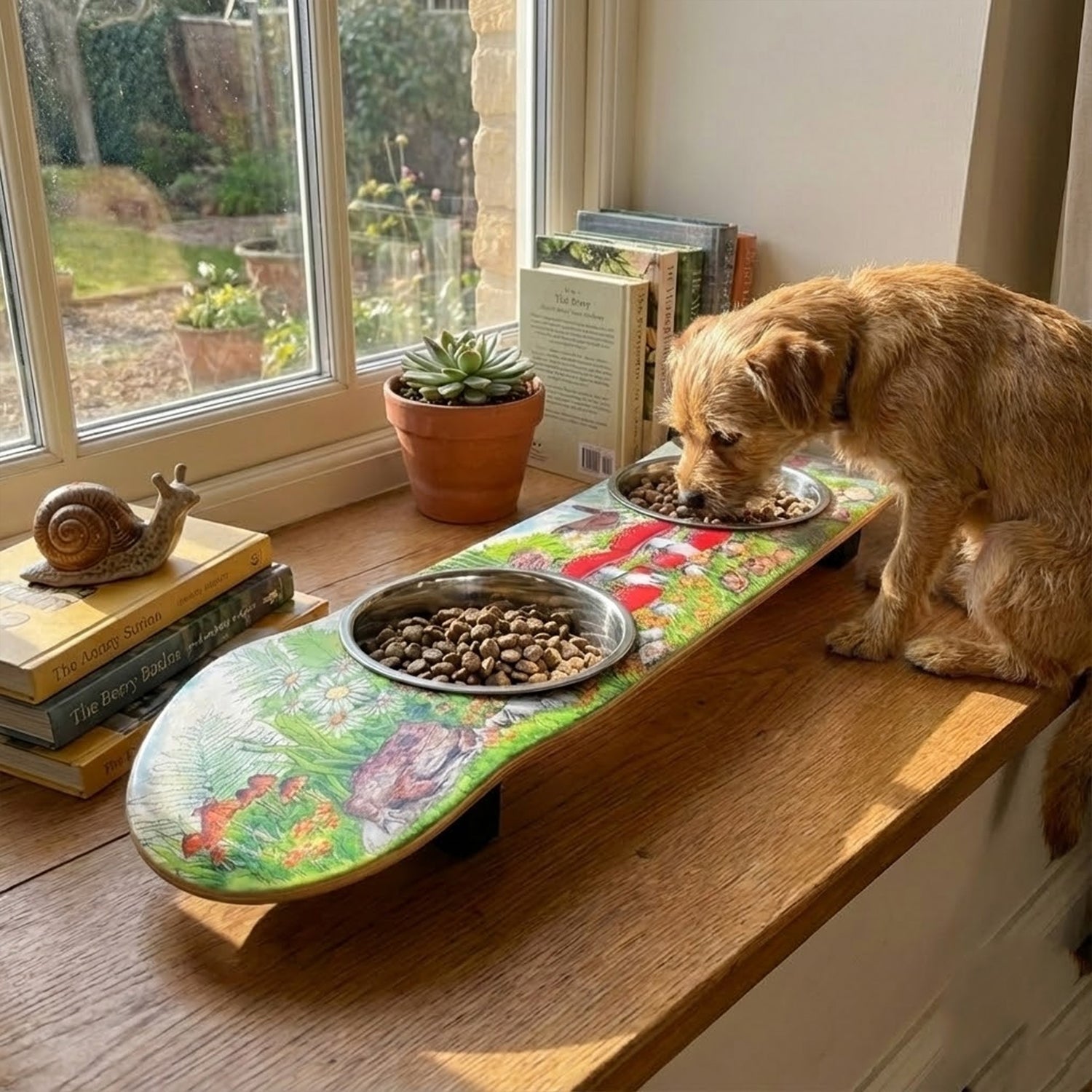 Funky Fungi - Elevated Skateboard Dog Feeding Stand with 2 Bowls