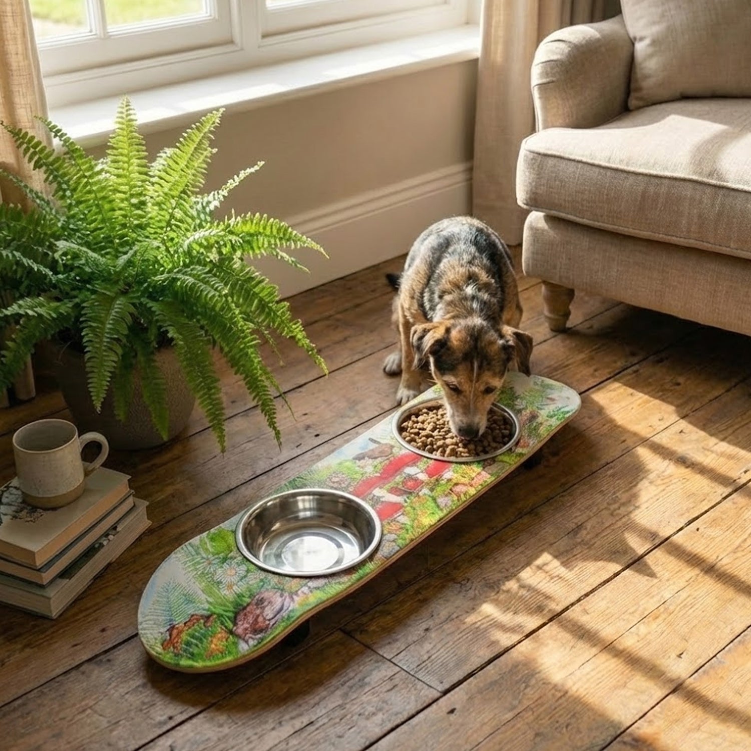 Funky Fungi - Elevated Skateboard Dog Feeding Stand with 2 Bowls