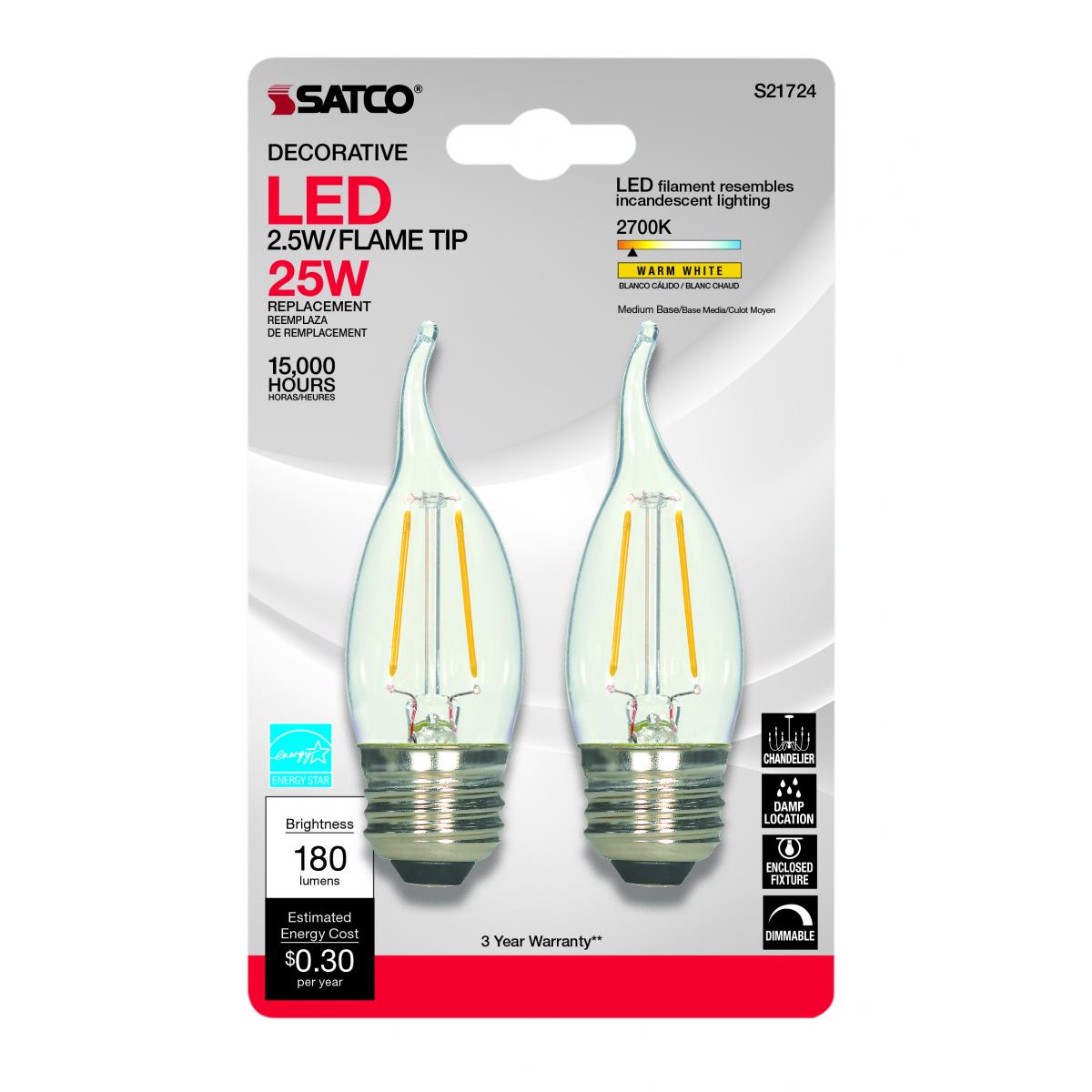 LED Light Bulb (2 Pack) Flame Tip 2.5W (25W Equivalent), CA10, 180 Lumens, 2700K CCT by Homeportonline